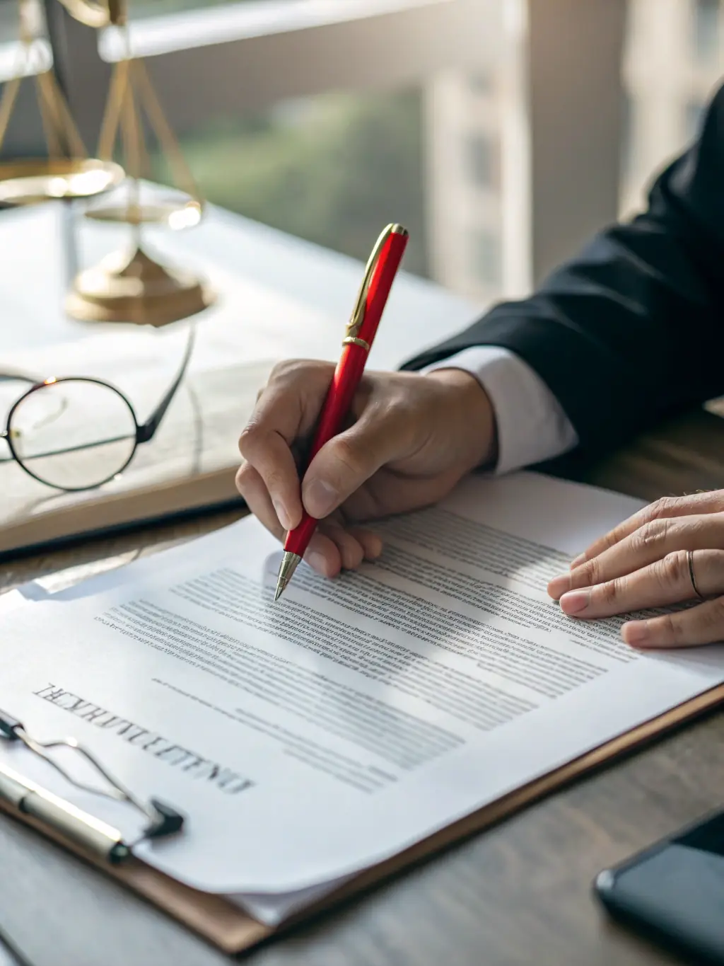 A close-up shot of contract documents being signed, highlighting the firm's expertise in contract law and business agreements.
