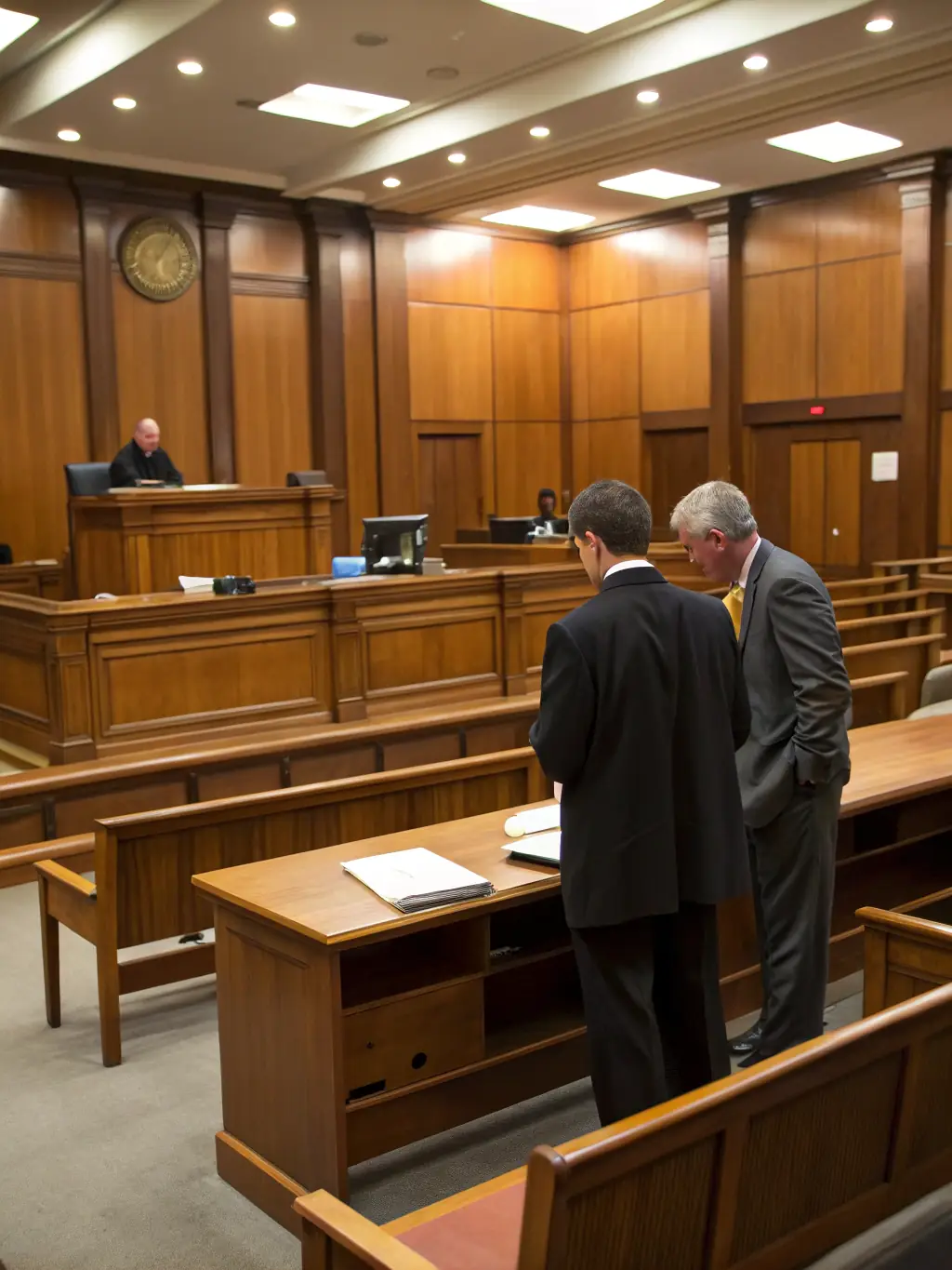 A courtroom scene with a judge and lawyers, emphasizing the firm's litigation and dispute resolution services.